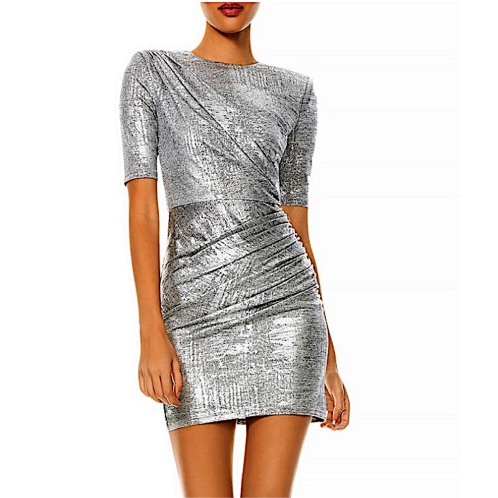 NWT! Alice + Olivia Delora Shimmering Silver Mini Dress Size 8
